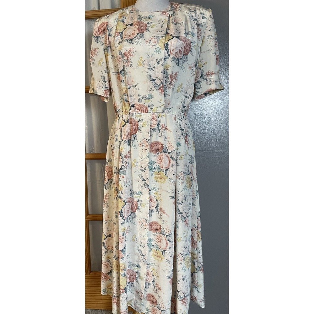 Vtg 90s Liz Claiborne Floral Midi Dress 10 Pink Cream Button Up Pleated Cottage